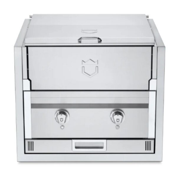 Stainless steel outdoor grill with a sleek design and two control knobs for temperature adjustment.