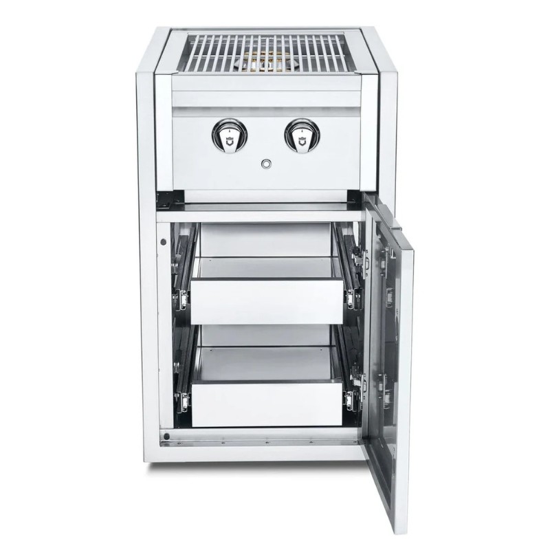 Stainless steel outdoor grill with a dual-burner system and two pull-out storage drawers, designed for efficient cooking and easy access to grilling essentials.