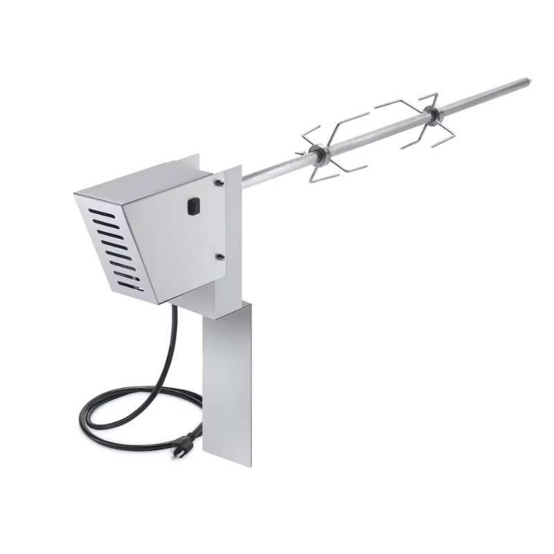 Electric rotisserie with stainless steel construction and motorized spit for evenly cooked meat. Ideal for outdoor grilling and barbecuing.