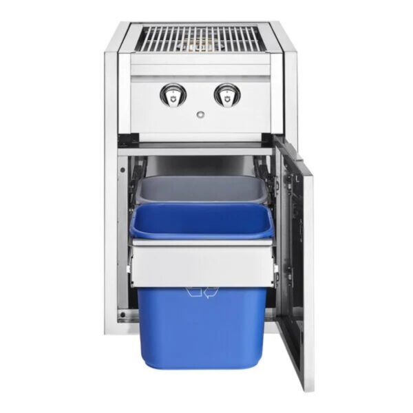 Stainless steel outdoor kitchen appliance with dual burners, featuring storage drawers containing gray and blue waste bins.