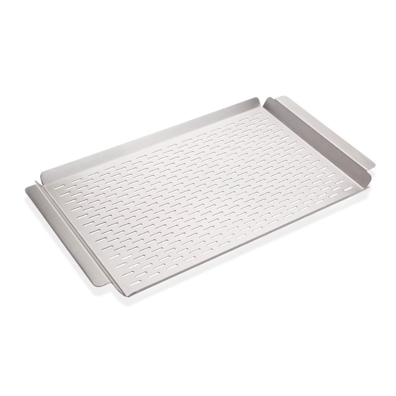 82adbecf-23a7-457b-8f77-229e4dc63825.jpg Stainless steel grilling tray with perforated surface for optimal heat circulation and easy food handling. Ideal for cooking vegetables, seafood, and smaller items securely on a grill.