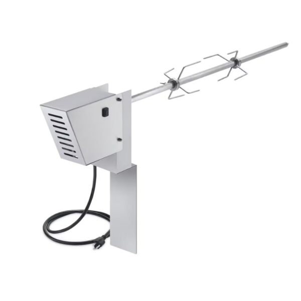 Electric rotisserie motor with stainless steel housing and steel spit, designed for grilling meats evenly. Features a power cord and a sleek, modern design suitable for outdoor cooking.
