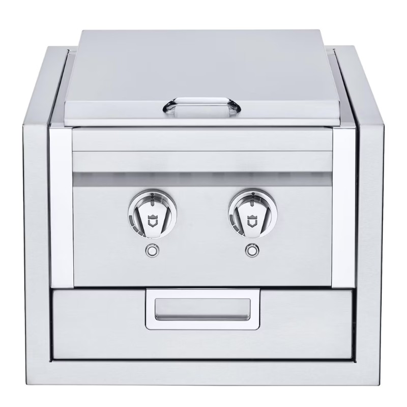 Stainless steel built-in grill with dual temperature knobs and a sleek design, ideal for outdoor cooking.