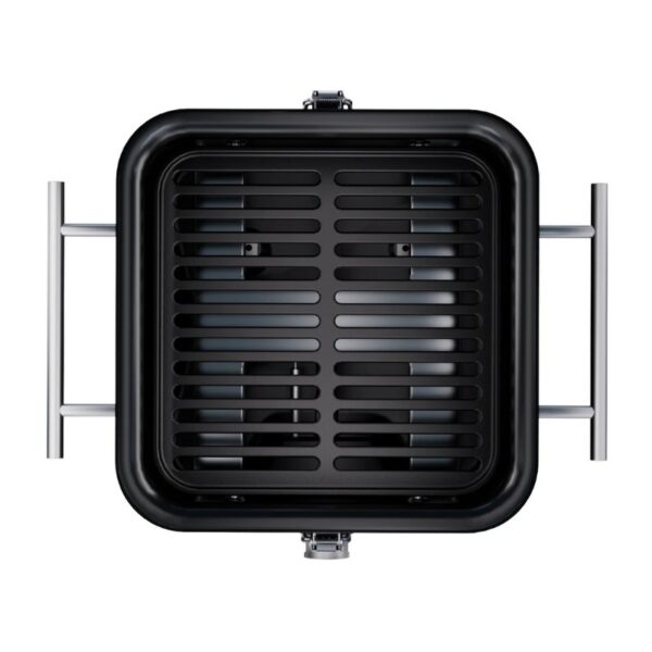 Square portable grill with stainless steel handles and black lid, designed for efficient outdoor cooking.