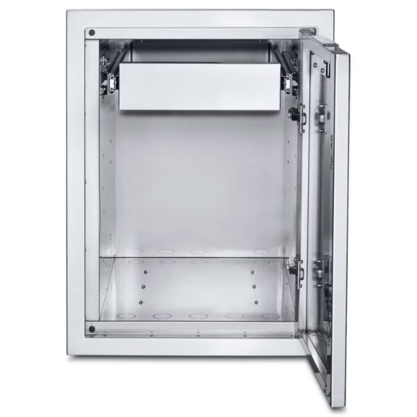 Stainless steel outdoor refrigerator with an open door, featuring a spacious interior and a pull-out drawer for easy access and organization.