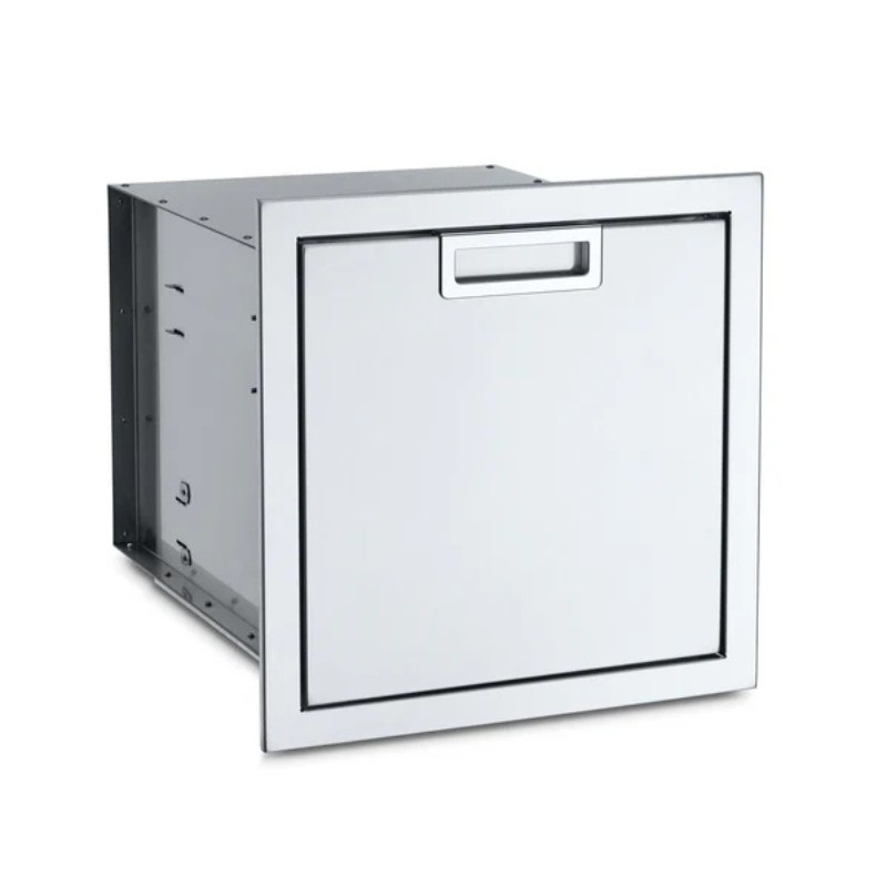 Stainless steel outdoor kitchen drawer for storage, featuring a sleek design and a handle for easy access.