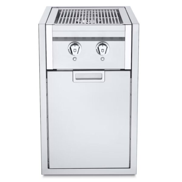 Stainless steel outdoor gas grill with dual knobs and a storage cabinet.