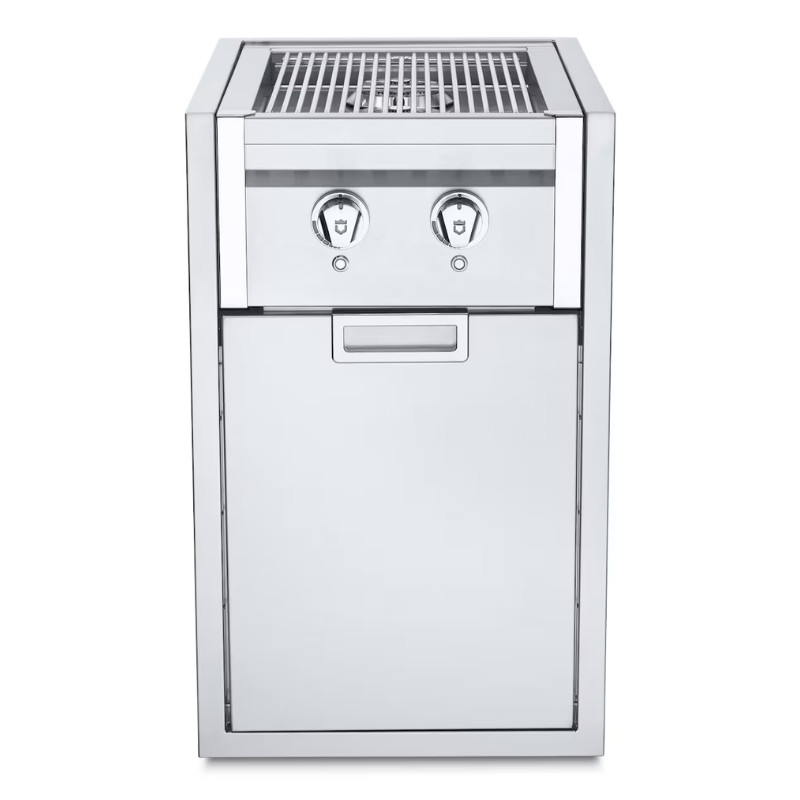 9665c861-7ef2-4728-a2a6-fc7aa3b5fc17.jpg Stainless steel outdoor gas grill with two control knobs and a storage compartment, designed for efficient cooking and durable performance.
