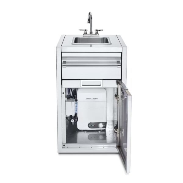 Stainless steel sink unit with a modern faucet and storage drawer, featuring an open cabinet revealing plumbing components. Ideal for kitchen or commercial use.