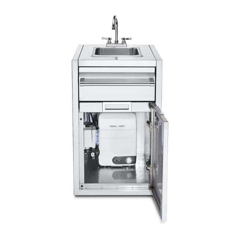 Stainless steel sink unit with a modern faucet and storage drawer, featuring an open cabinet revealing plumbing components. Ideal for kitchen or commercial use.