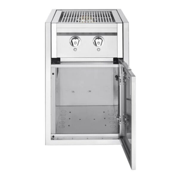 Stainless steel outdoor grill with two control knobs and an open storage cabinet below.