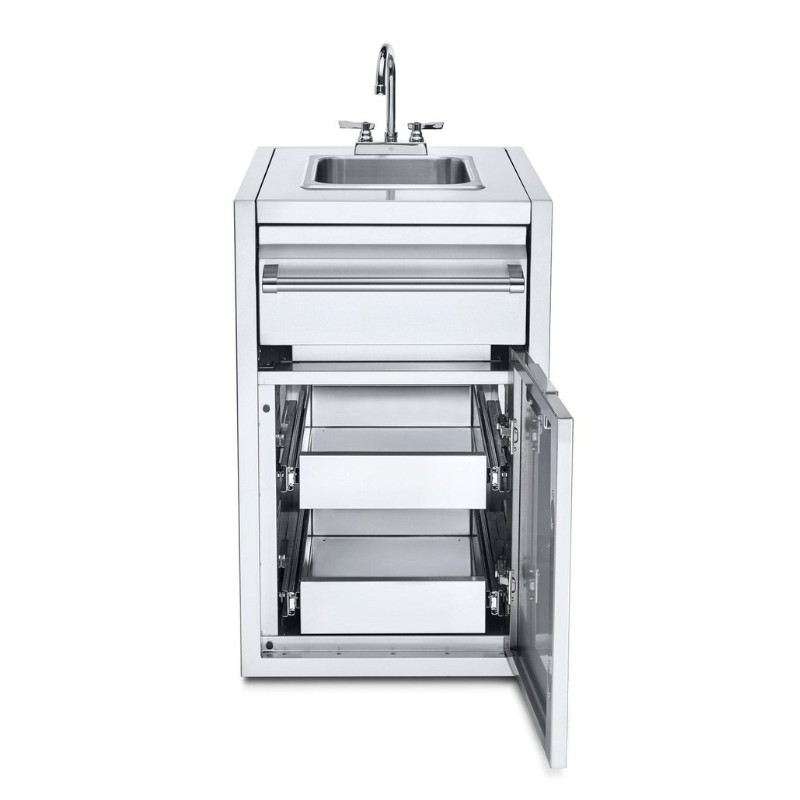 Stainless steel kitchen cabinet with a built-in sink, featuring a single faucet and two spacious pull-out drawers for storage.