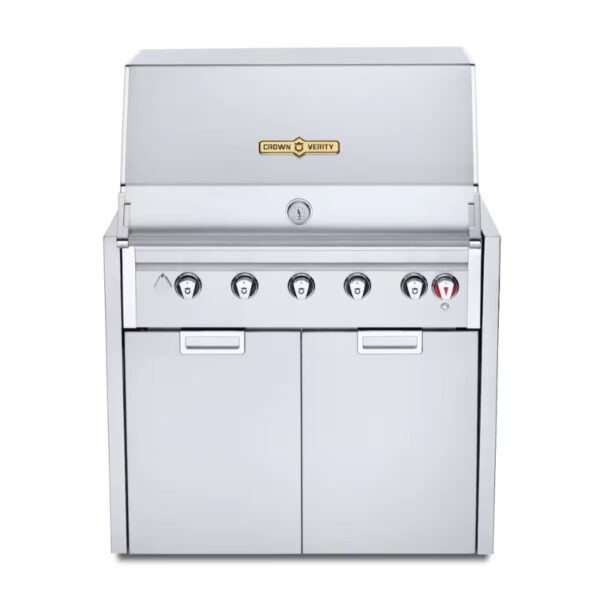 Stainless steel outdoor gas grill with five burners and storage compartments.