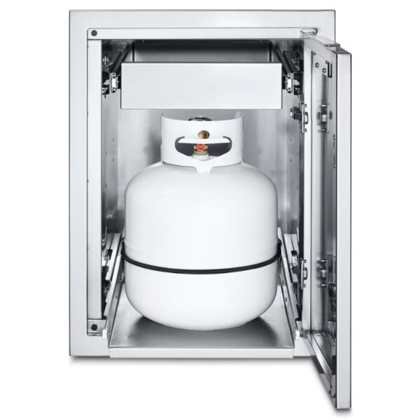 White propane tank stored inside a stainless steel cabinet, featuring an easy-access design with a sliding shelf.