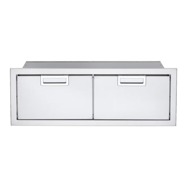 Stainless steel outdoor kitchen drawer with two spacious compartments and sleek handles for easy access.