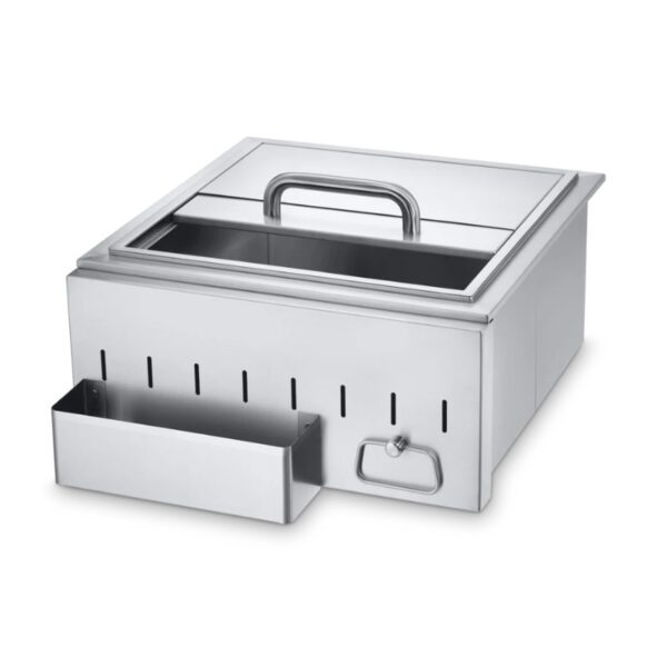 Stainless steel food warmer with a hinged lid and removable drawer for easy access. Ideal for keeping dishes hot at buffet or catering events.