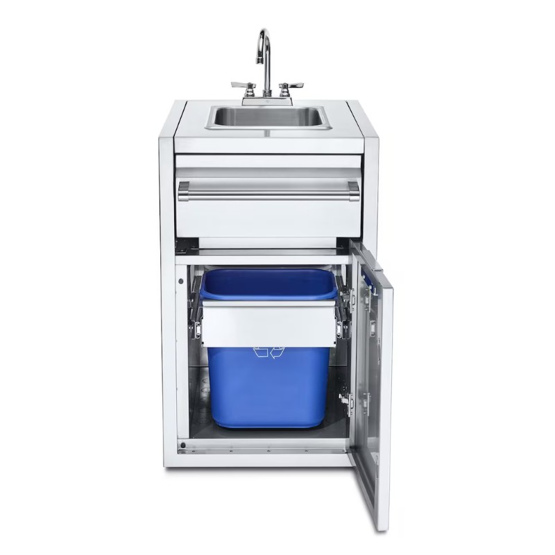 Stainless steel outdoor sink station with a pull-out drawer and a blue waste container underneath, designed for efficient cleaning and waste management.