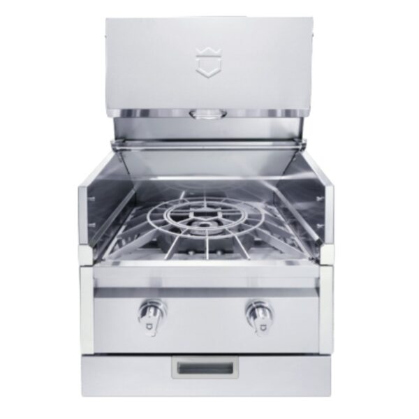 Stainless steel gas grill with an open lid, featuring a circular burner design and two control knobs.