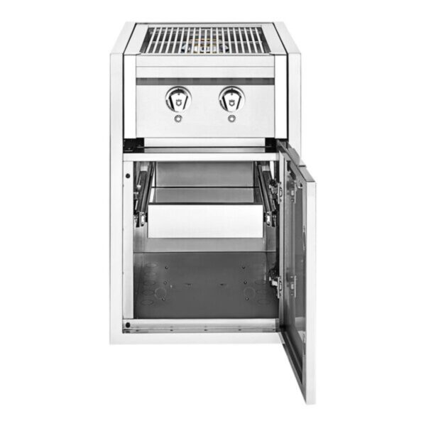Stainless steel gas grill with dual knobs, grill top, and open storage compartment.