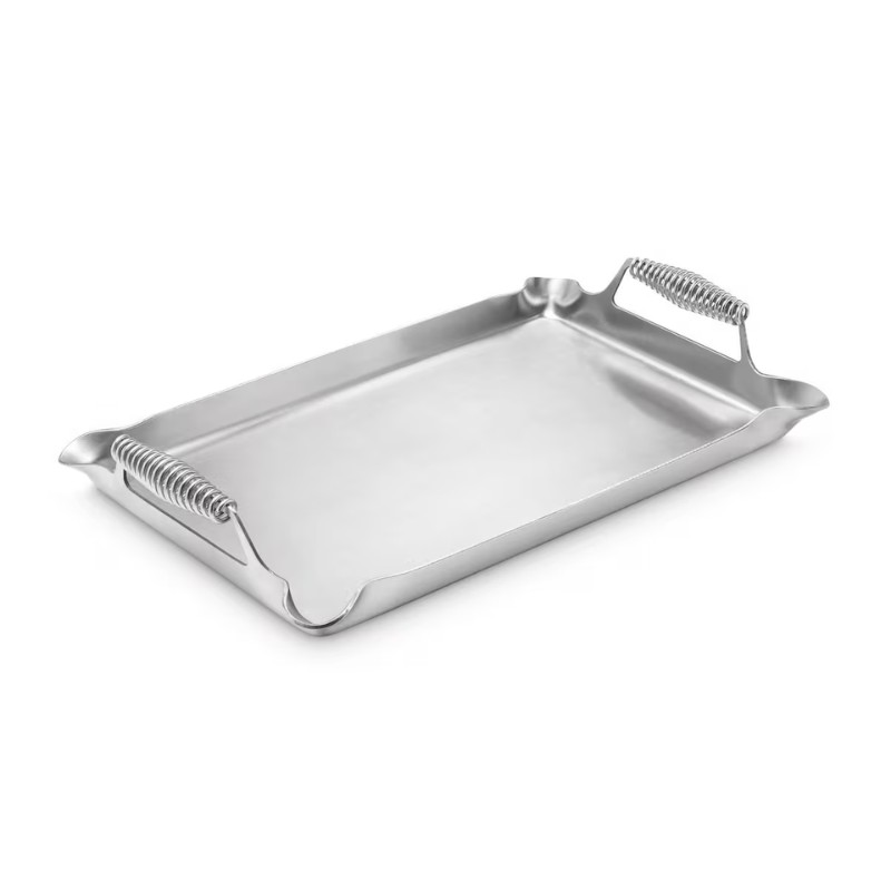 Stainless steel serving tray with spiral handles, designed for durability and easy handling. Ideal for serving food or drinks.