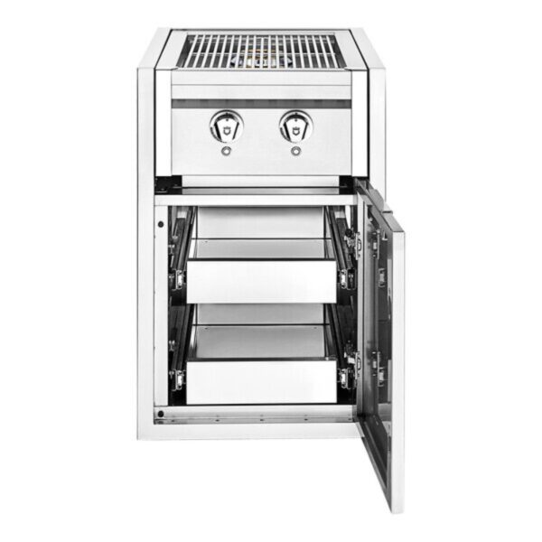 Stainless steel outdoor grill with dual knobs and pull-out storage drawers for easy access and organization.