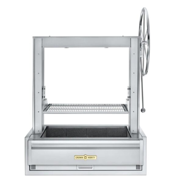 Stainless steel outdoor barbecue grill with a large cooking space, adjustable grilling height, and a storage drawer. Ideal for catering and outdoor cooking.