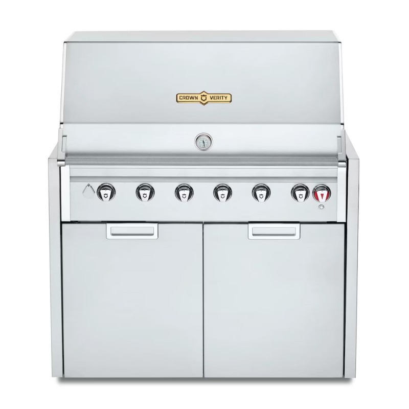 c10fbb53-ffc7-4faf-8d3d-cd253ca87498.jpg Stainless steel Crown Verity outdoor gas grill with multiple burners and storage drawers. Ideal for cooking and entertaining.