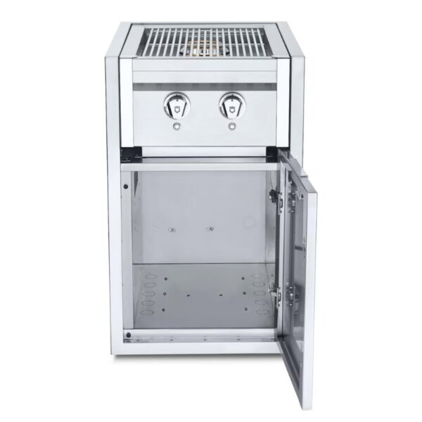 Stainless steel outdoor grill with dual temperature knobs and an open storage compartment beneath, ideal for patio or backyard cooking.