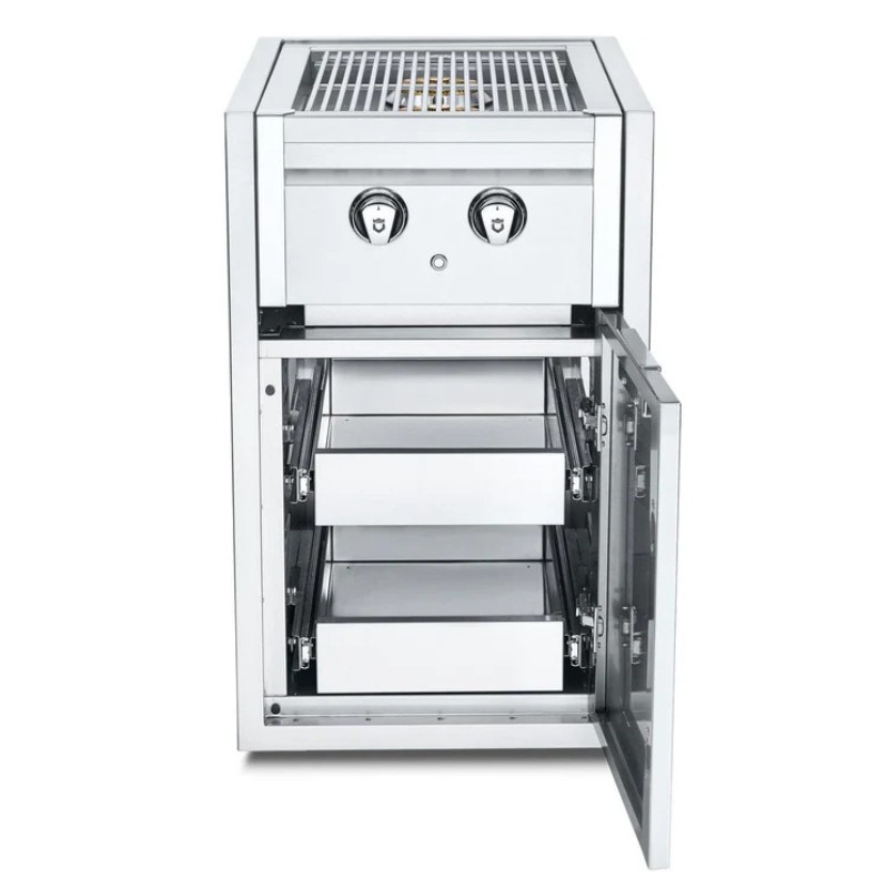 Stainless steel outdoor grill with two burners and two storage drawers open, showcasing ample cooking and storage space.