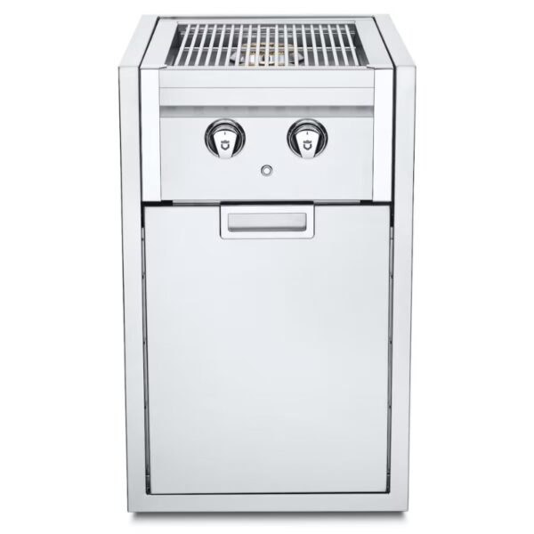 Stainless steel outdoor grill with two control knobs and a storage compartment, ideal for barbecuing and outdoor cooking.