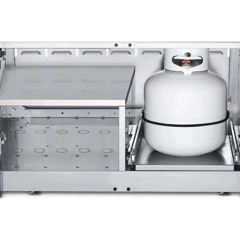 Interior view of a stainless steel grill cabinet featuring a removable gas propane tank holder and a flat storage shelf.