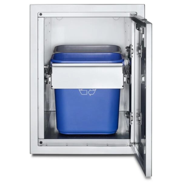 Compact built-in recycling bin cabinet with blue recycling container and stainless steel finish.