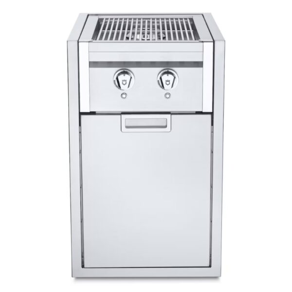 Stainless steel outdoor gas grill with dual control knobs and an open storage compartment.