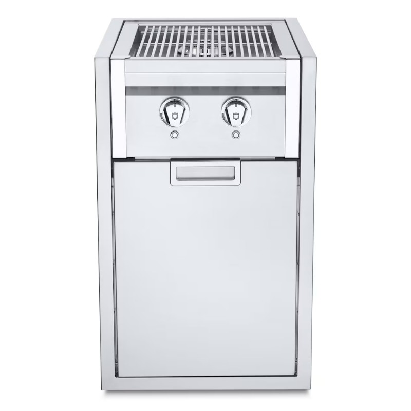 e0232a73-93d9-4316-bc6f-bfc5d2287787.jpg Stainless steel outdoor gas grill with dual control knobs and an open storage compartment.