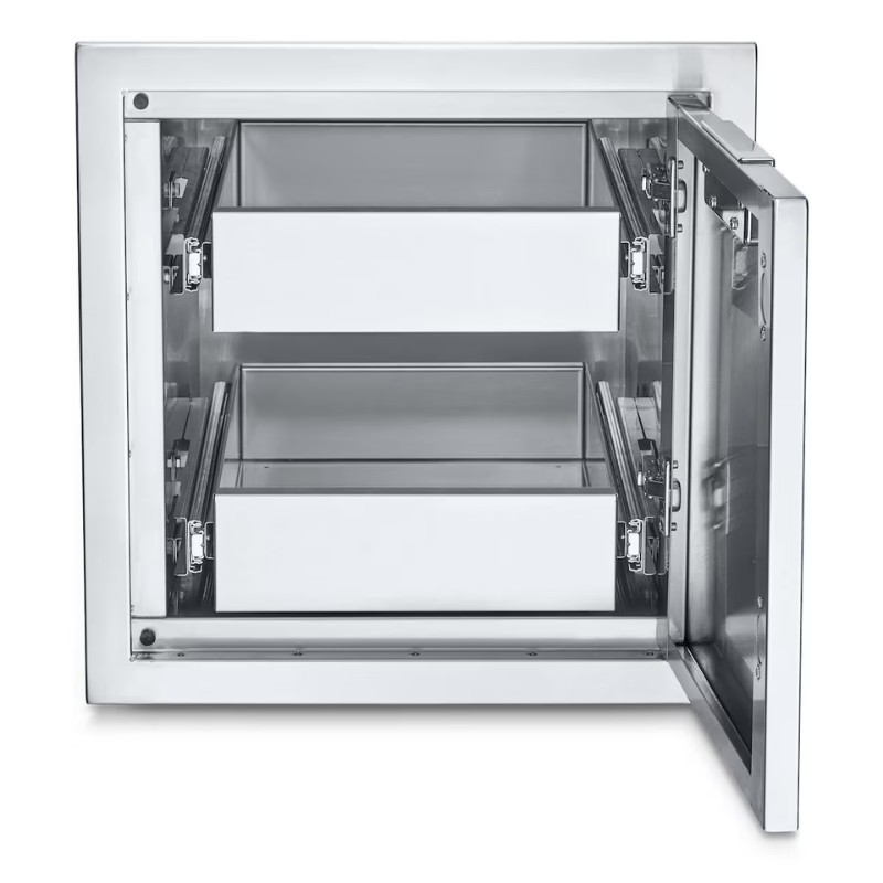 Stainless steel outdoor kitchen drawer unit with two pull-out drawers, designed for durability and easy access.