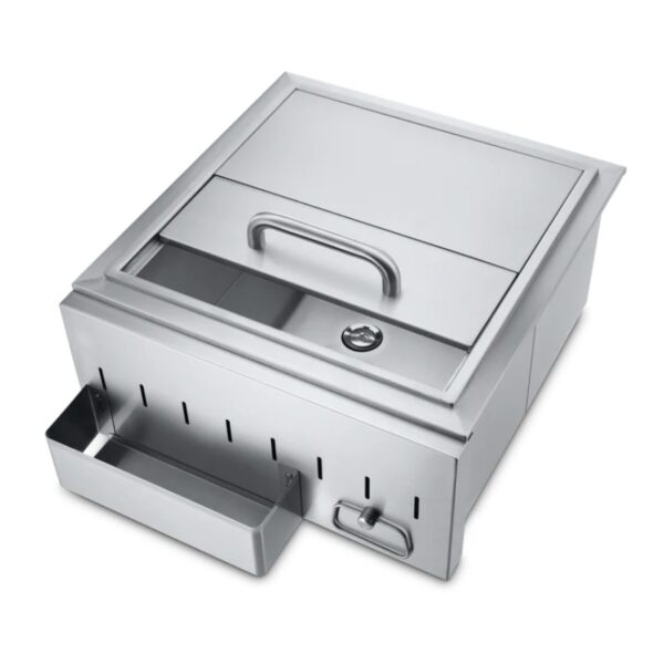 Stainless steel outdoor kitchen prep station with a storage drawer and a sleek design.