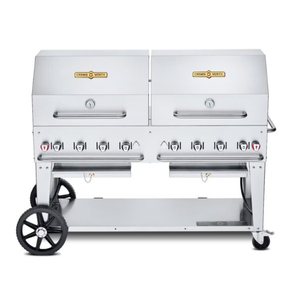 Stainless steel double gas grill with multiple burners and wheels for easy mobility, ideal for outdoor cooking and barbecues.