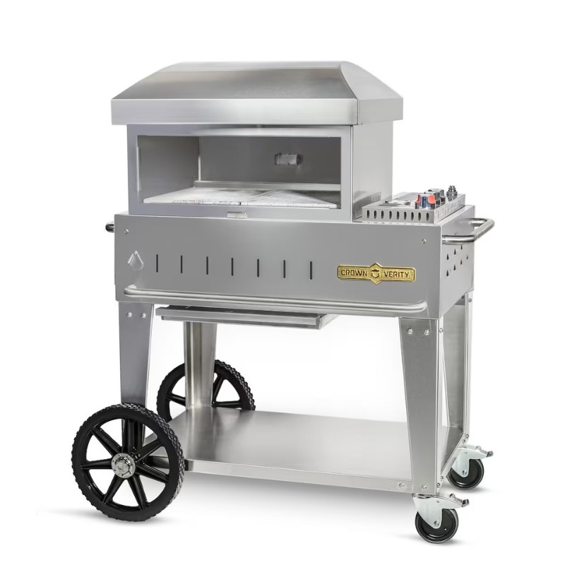 01bbf886-8bef-41de-b27e-2a0a5d47061c.jpg Stainless steel outdoor pizza oven on a wheeled cart, featuring a large cooking chamber and control panel for precise temperature adjustment.