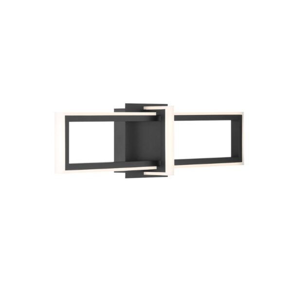Modern black and white wall sconce with geometric design and integrated LED lighting. Suitable for contemporary interior decor.