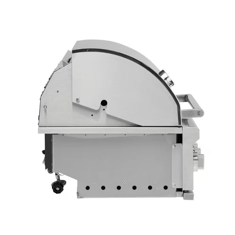 Side view of a stainless steel gas grill with a rounded lid, featuring a control knob and handle, designed for outdoor cooking.