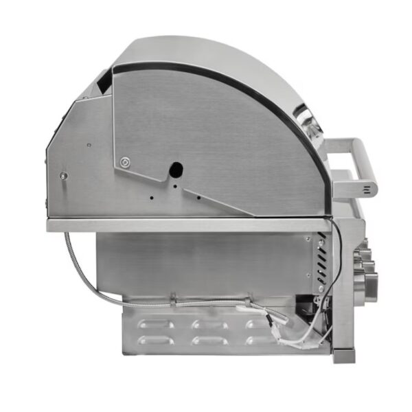 Stainless steel gas grill viewed from the side, showcasing its sleek design and integrated handle, with visible gas connections and ventilation features.