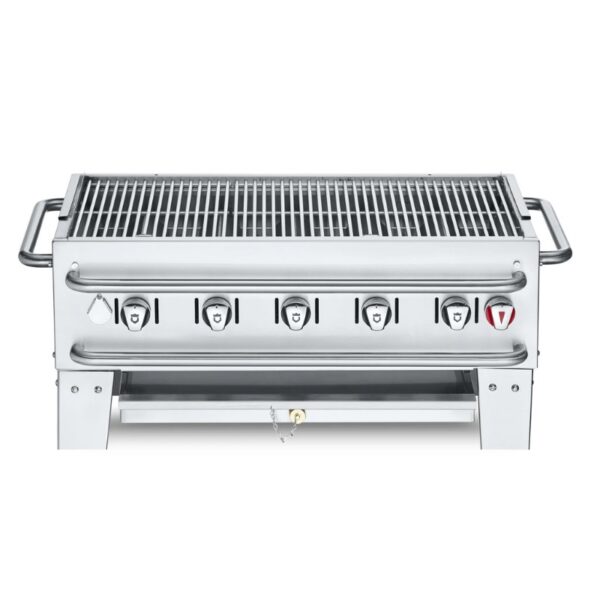 Stainless steel gas grill with multiple control knobs and a spacious cooking grate, ideal for outdoor barbecues and grilling.
