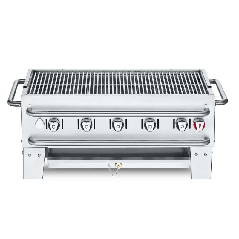 Stainless steel gas grill with multiple control knobs and a spacious cooking grate, ideal for outdoor barbecues and grilling.