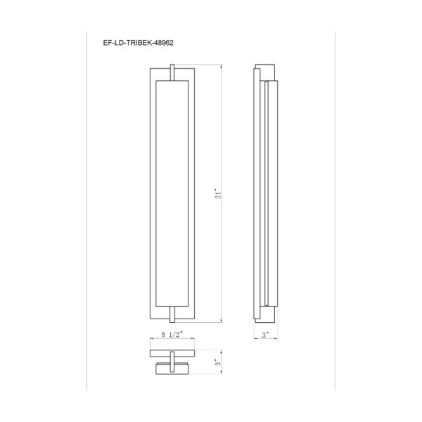 Line drawing of a modern LED light fixture with dimensions marked as 21 inches in height, 5.5 inches in width, and 3 inches in depth.