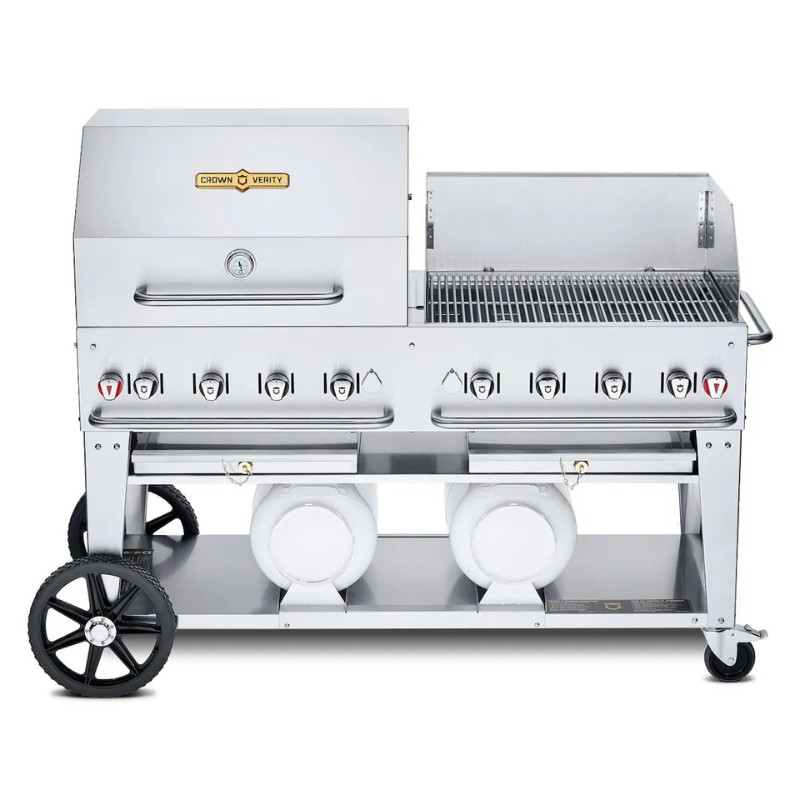 Stainless steel outdoor gas grill with multiple burners, side shelves, and wheels for easy mobility.