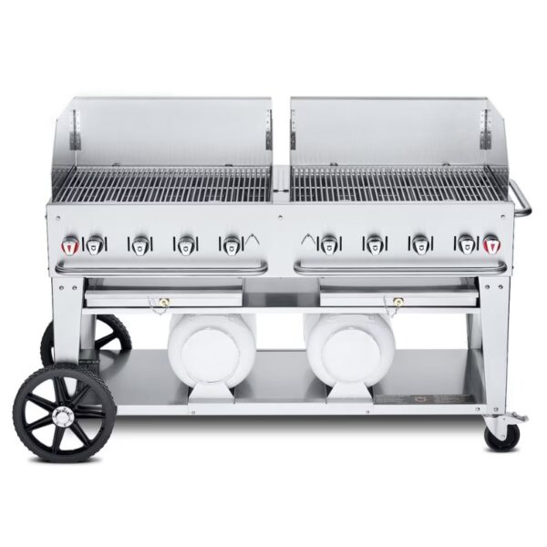 Stainless steel outdoor grill with dual cooking surfaces, multiple burners, and wheels for easy mobility.