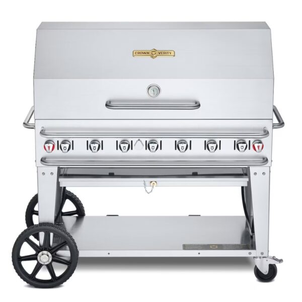 Stainless steel outdoor grill with multiple burners, a temperature gauge, and sturdy wheels for mobility. Ideal for barbecuing and outdoor cooking.