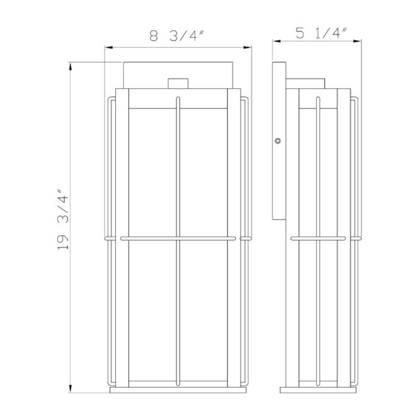 Line drawing of a wall sconce lamp with dimensions of 19 3/4" height, 8 3/4" width, and 5 1/4" depth, featuring a modern design with vertical bars.
