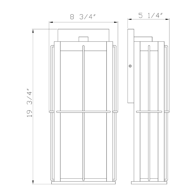 Line drawing of a wall sconce lamp with dimensions of 19 3/4" height, 8 3/4" width, and 5 1/4" depth, featuring a modern design with vertical bars.