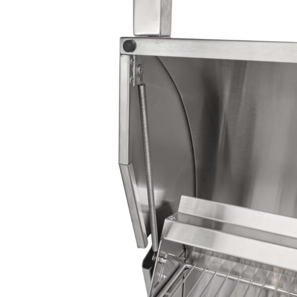 Close-up of a stainless steel grill lid with a gas spring mechanism, showcasing the interior grilling space and adjustable features for optimal cooking.